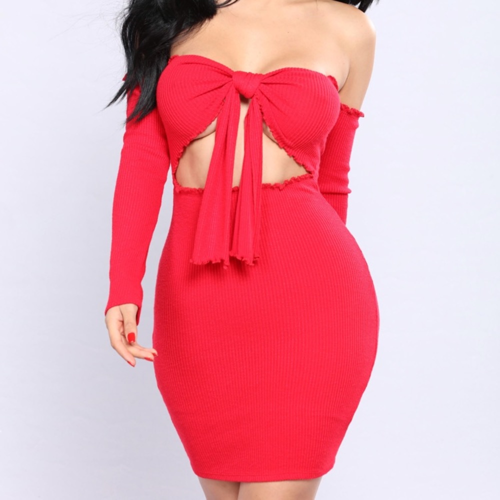 Red Off the Shoulder long sleeve mini dress